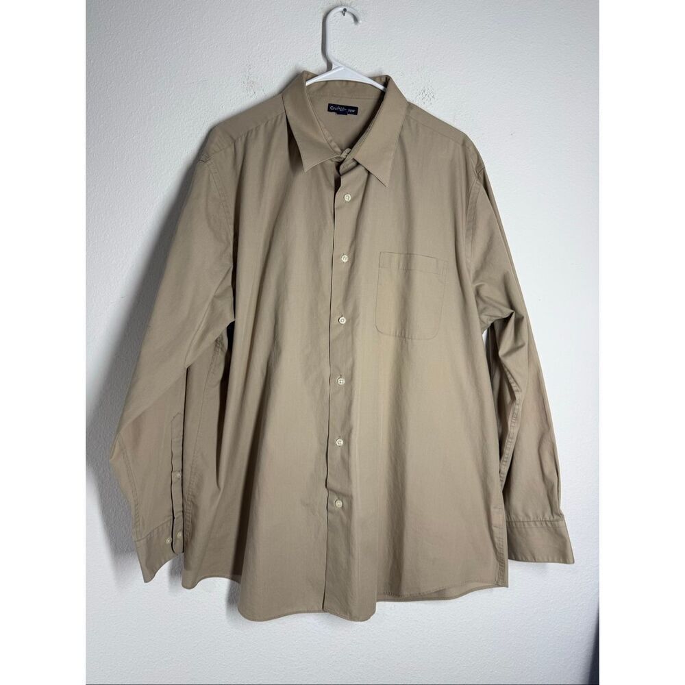 Men's Croft & Barrow Beige Long Sleeve Button Up Khaki Dress Shirt Sz XL 34/35